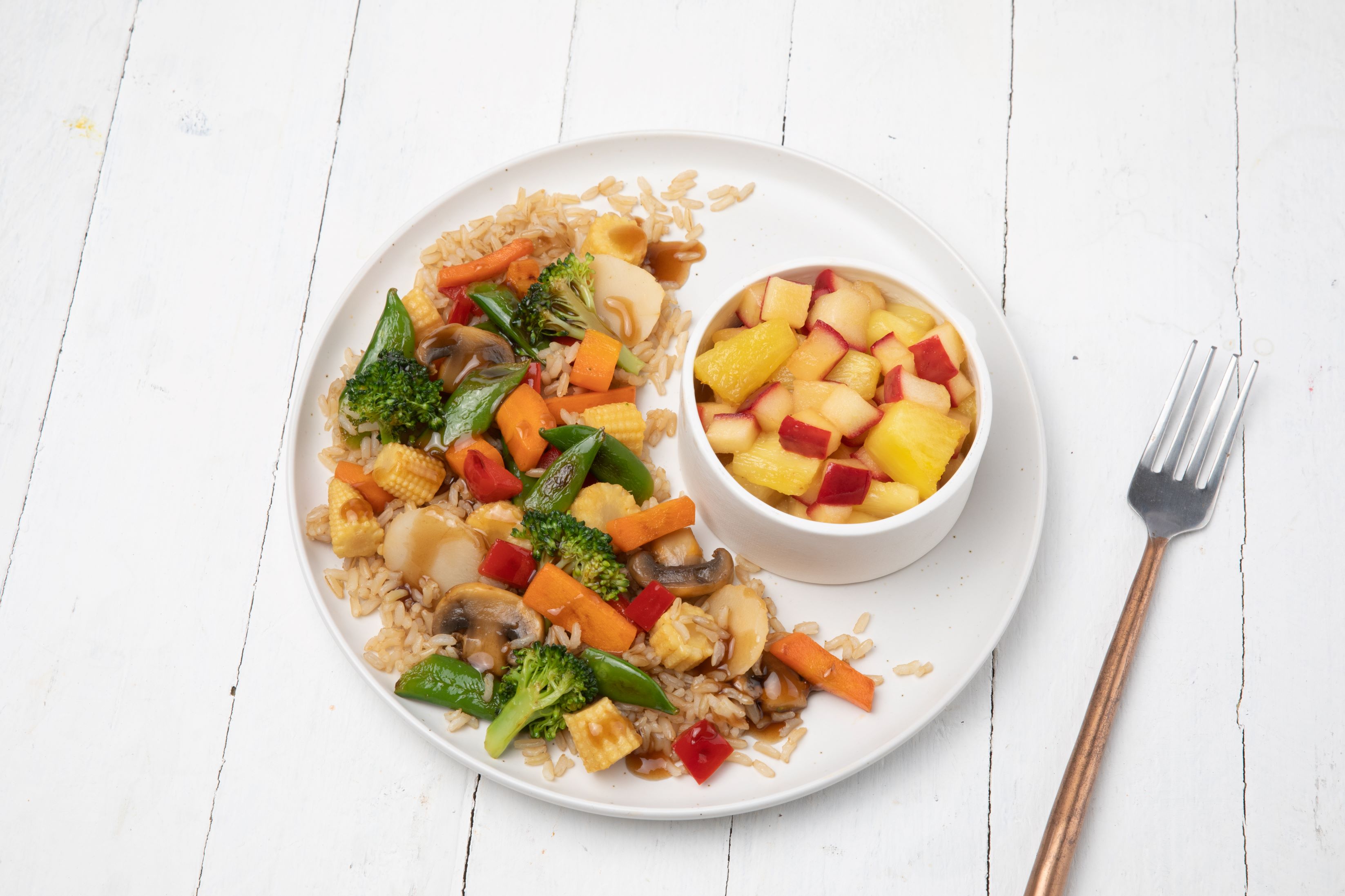 Teriyaki Stir Fry Vegetables over Rice and Fruit